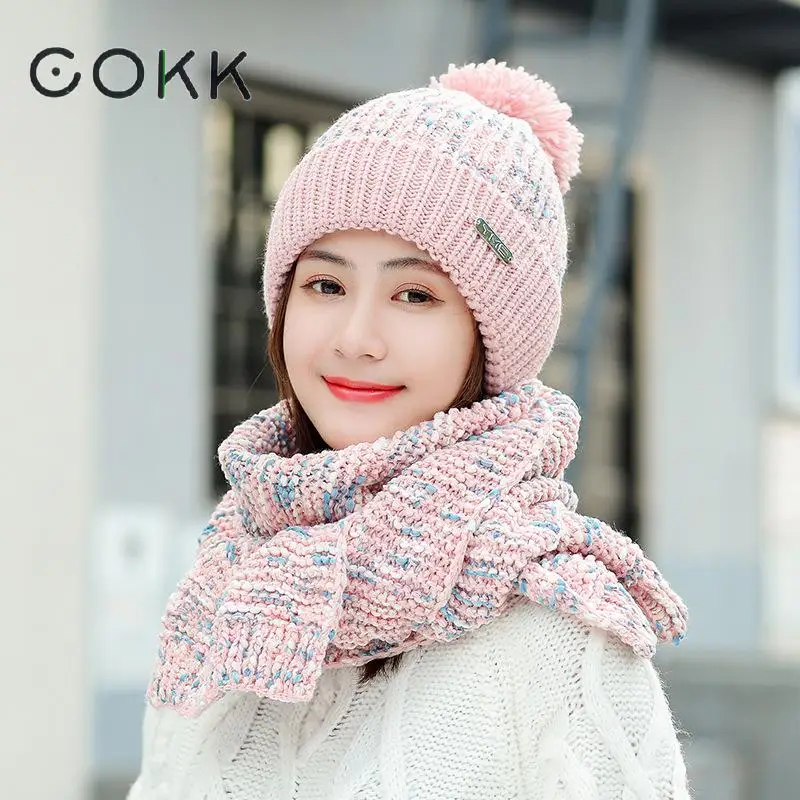 

COKK Knitted Hat With Scarf Hat And Scarf Woman Velvet Thickening Set Windproof Outdoor Snow Collars Sets For Women Ladies