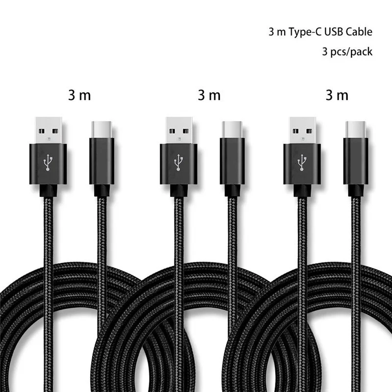 3 м 3 шт./упак. Тип C до USB 2,0 USB кабель с нейлоновой оплеткой зарядный кабель для huawei P30 mate 20 xiaomi samsung Примечание 10 S10 OPPO R17 vivo onePlus 7, 6 комплектов/партия, футболка - Тип штекера: Black cable 3PCS