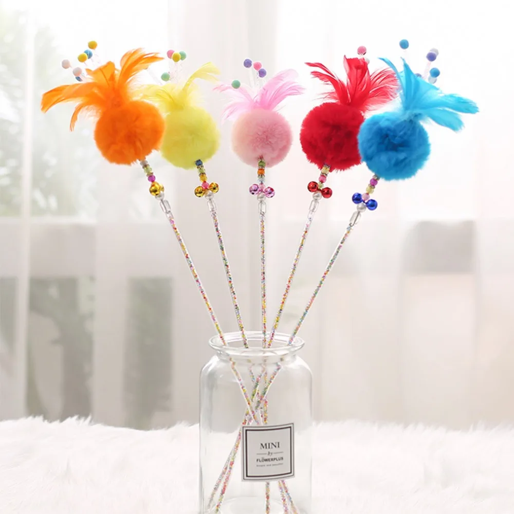 Pet Cat Toy Teaser Kitten Exerciser Wand With Furry Ball Interactive Fishing Stick With Bell