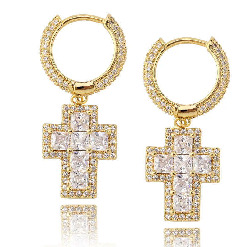 Хип-хоп квадратный AAA CZ инкрустированный камнями Bling Ice Out Cross серьги для мужчин и женщин CZ серьги мужские модные ювелирные изделия Прямая - Окраска металла: Gold