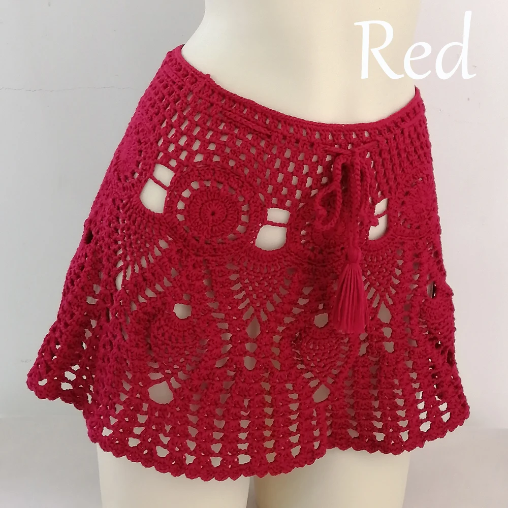 red skirt Яркие цвета, ручная работа, Хлопковые вязаные крючком Мини юбки, женские летние пляжные юбки с высокой талией, белые плавки - Цвет: red skirt