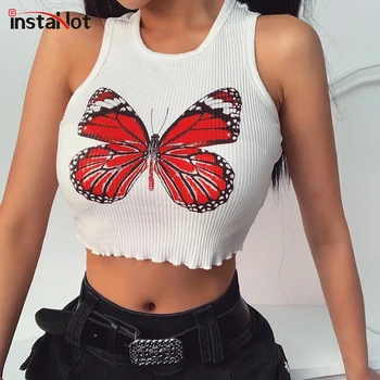 

InstaHot Sexy Rib Knit Tank Tops Butterfly Printed Cropped Top Summer Sleeveless Skinny O neck Casual Streetwear Cotton Tank Top