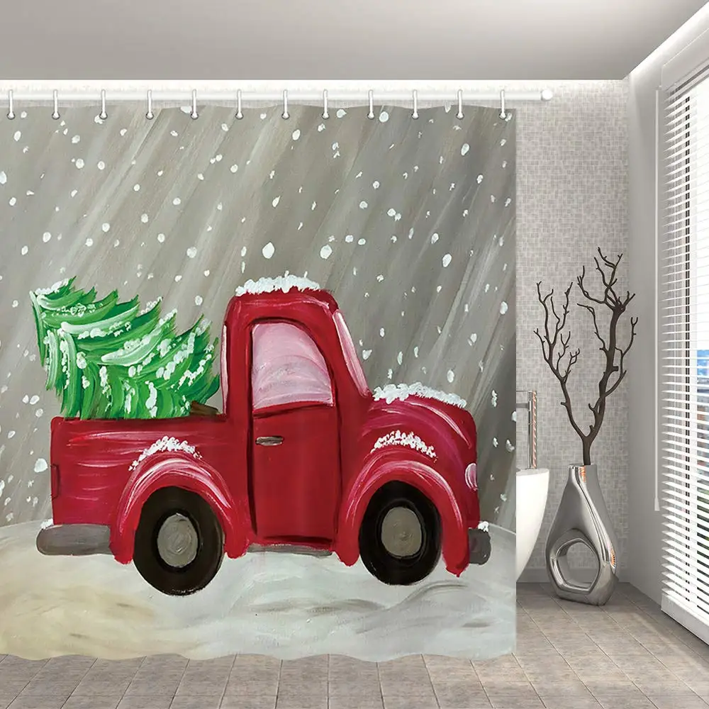 Рождественский красный декор для грузовиков винтажный автомобиль с рождественской елкой в снежную зиму обновление полиэстер ткань для ванной шторы