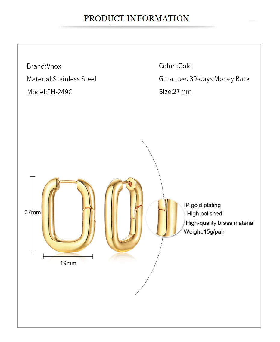 Vnox, персонализированные дизайнерские серьги с карабином для женщин, позолоченные квадратные серьги-кольца из нержавеющей стали, подарок для нее