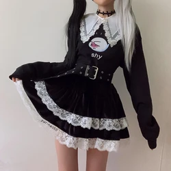 Estilo preppy y2k uma linha saia goth escuro academia rendas de cintura alta sexy dupla camada mini saias femininas moda coreana streetwear