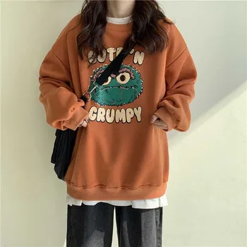 

NiceMix Fake two-piece Thicken Plus velvet Hoodie Sweatshirt Female Loose Korean Students Wild Cartoon Print Long Sleeve Pullove