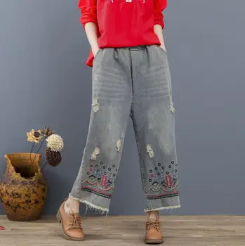 

Vintage Women Jeans Loose Wide Leg Pants Casual Elastic waist Denim Pants Retro Embroidery jeans r179