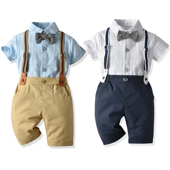 

Baby Boys Clothes Sets Summer Toddler Gentleman Cotton Plaid Shirt+ Bowtie + Suspender Pant 4pcs Infant Outfits 1 2 3 4 Ye ars