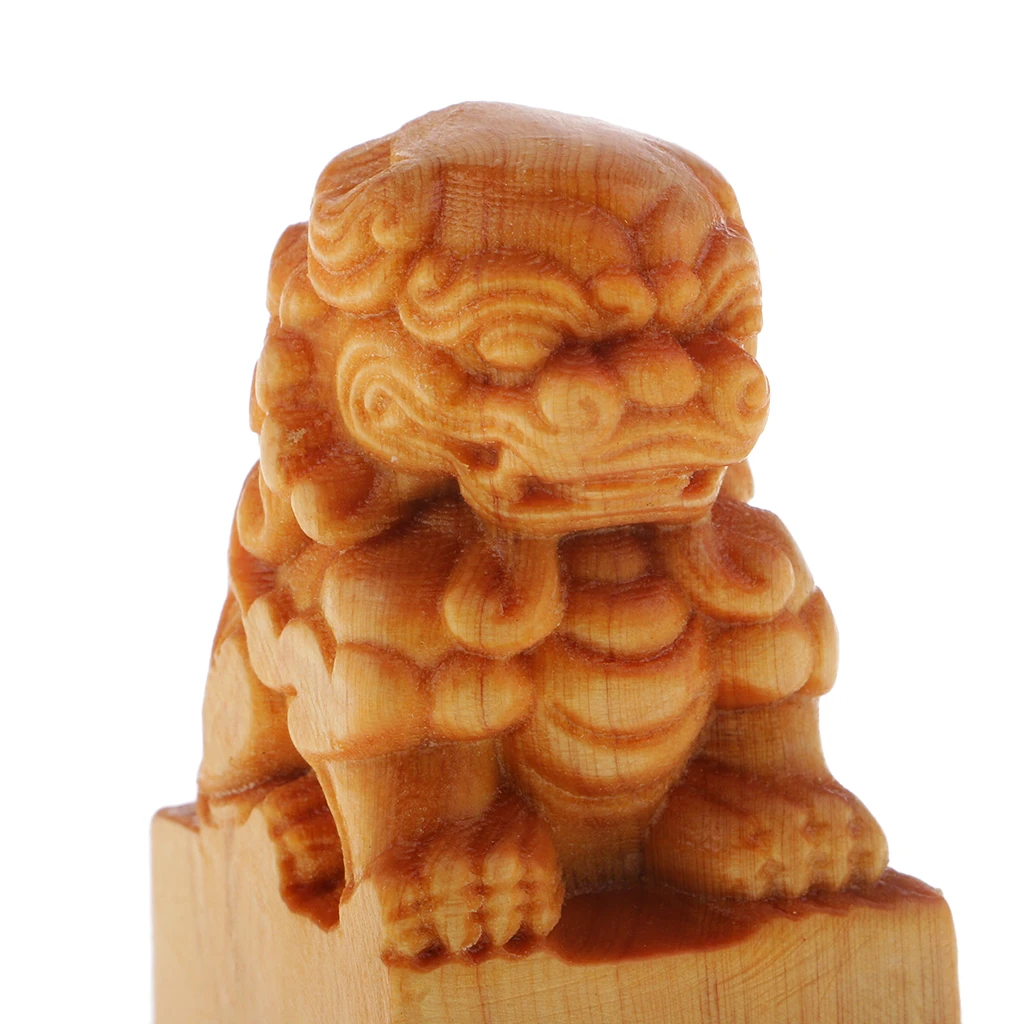 Wooden Lion Seal Statue Feng Shui Decoration For Chinese Culture Lover Fans