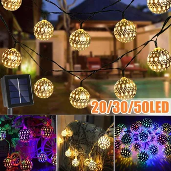 

50/30/20LED Solar Garden String Light Ourdoor Moroccan Metal Ball Hanging Lantern Fairy Light Outdoor Christmas Decor