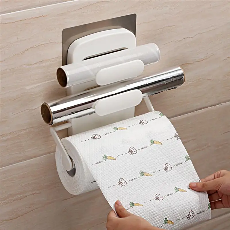 3 in 1 Cling Film Storage Rack Retractable Roll Paper Holder Wall-mounted Tinfoil Organizer