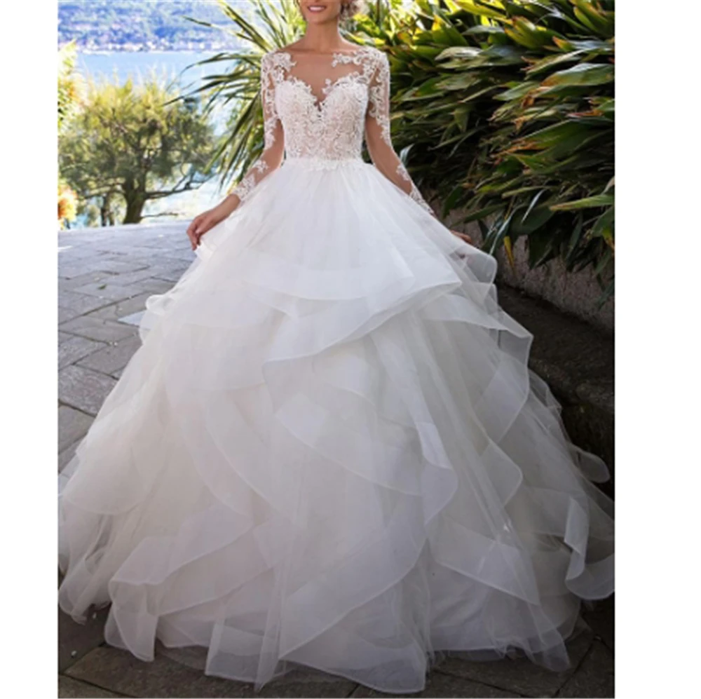 

Amazing White Tulle Trend-worthy Lace Appliques Robe De Mariee 2019 Scoop Court Train Ball Gown Backless Dress Wedding
