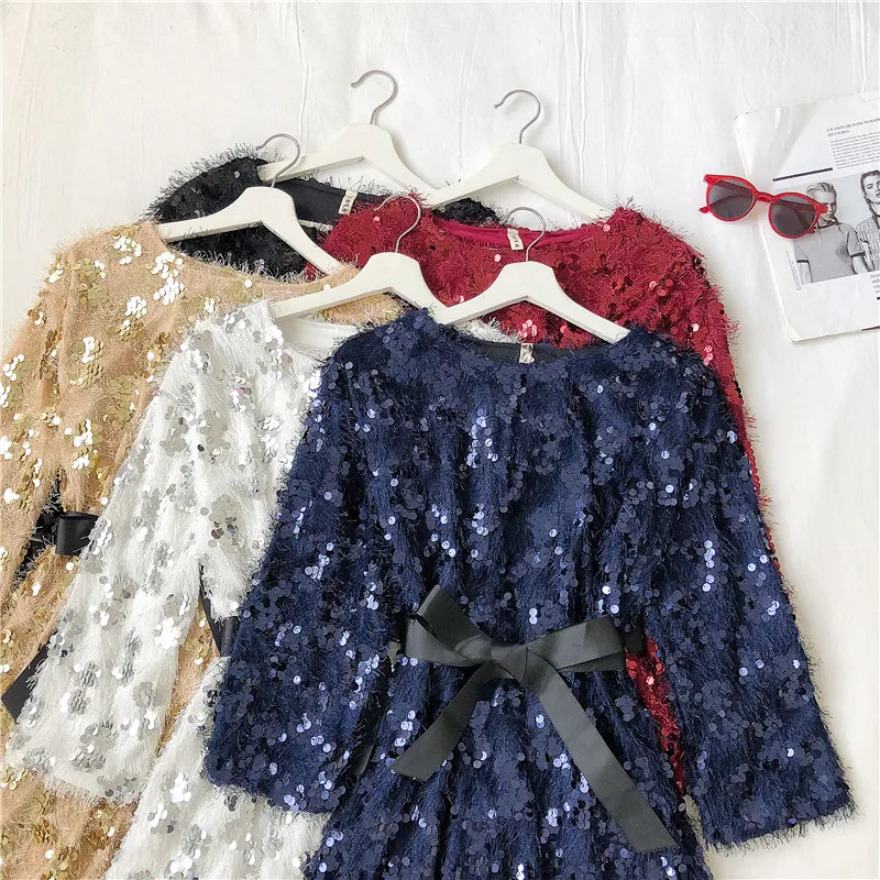 Neploe Blingblilng женские платья с блестками, с кисточками, в стиле пэчворк, с длинным рукавом, в Корейском стиле, Vestidos, Осень-зима, тонкий галстук-бабочка, платье 55937