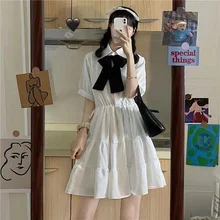 

Japanese Sweet Lolita Dress Angel Retro Peter Pan Collar Short Sleeve Girls Victorian Gothic Daily Dresses with Ribbons Bowknot