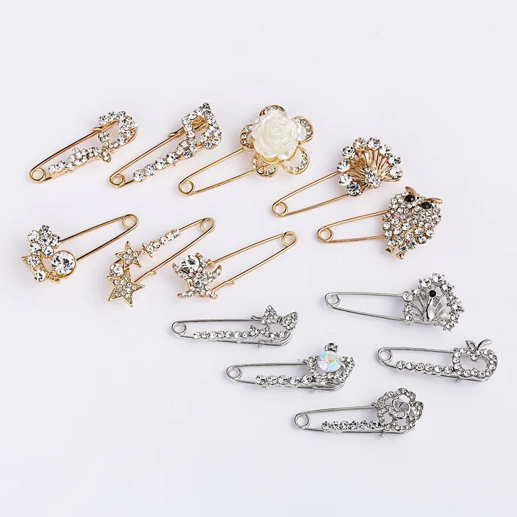 

12 Types Vintage Assorted Shapes Heart Bow Butterfly Flower Owl Peacock Fashion Rhinestones Safety Pin and Brooches for Women