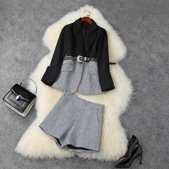 

Women's Suit 2020 Autumn Winter Swallow Grid Patchwork Single Button Slim Jacket + Wide Leg Shorts Fashion Two Piece Set Female