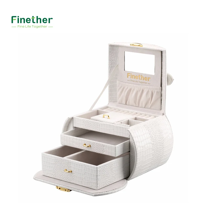 

Finether Embossed Crocodile Grain Faux Leather Pattern Jewelry Box Packaging For Necklaces and Rings with Mirror and Drawers