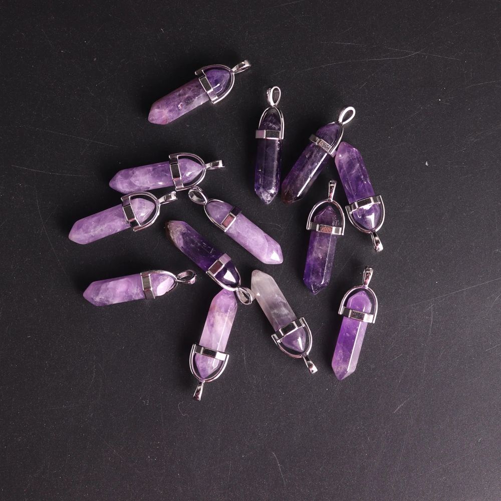 

Подвеска из натурального драгоценного камня, фиолетовый кристалл, кварц, аметист, пуля, шестигранная точка, маятник с чакрами, для изготовления ювелирных изделий, 12 шт.