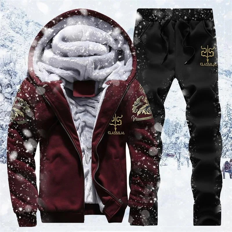 Cardigan Sportswear Tracksuit Elastic-Pants Warm-Sets Casual Men Hooded Zipper Fleece