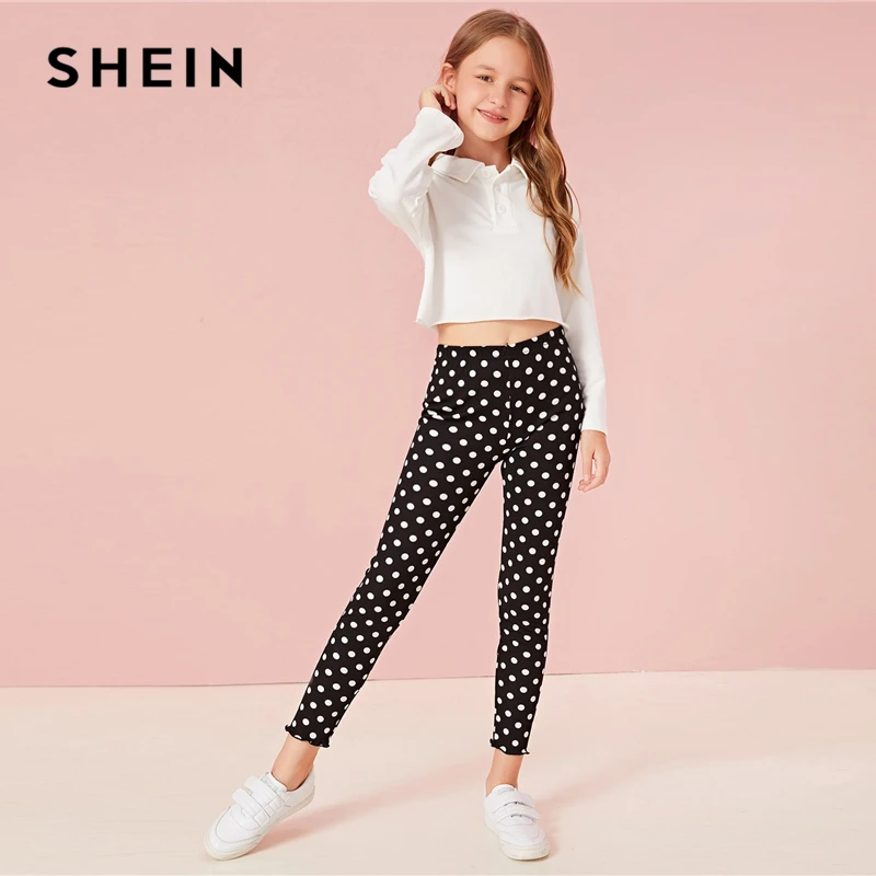 SHEIN/черные леггинсы с узором в горошек и каймой «салат»; детские штаны; коллекция года; сезон осень; повседневные узкие брюки с эластичной резинкой на талии для подростков