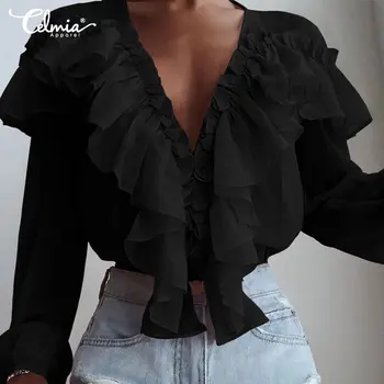 

Elegant Work Party Blouse Women 2020 Celmia Plus Size Ruffles Top Casual Long Sleeve Shirt Elegant Deep V-Neck Sexy Blusas Mujer
