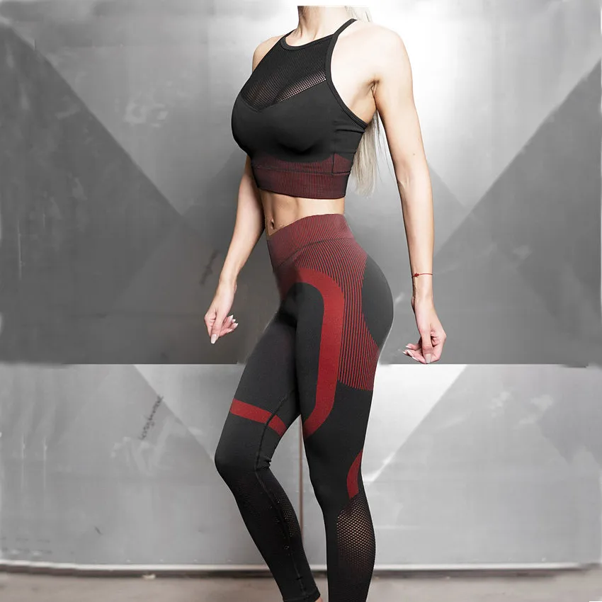 Сетчатый женский бесшовный спортивный топ с длинными рукавами, комплект для йоги, фитнеса, бега, одежда для спортзала, спортивный бюстгальтер, леггинсы, штаны, комплект из 2 предметов