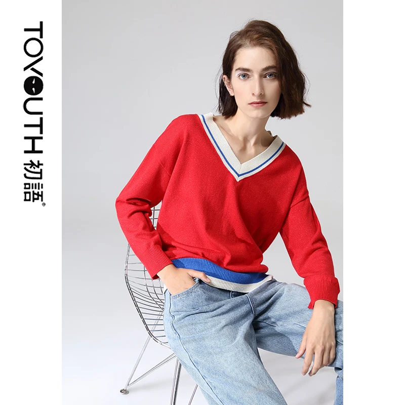 Toyouth, повседневные женские свитера, хит цвета, свободные пуловеры с длинным рукавом, v-образный вырез, осенний свитер, женские топы - Цвет: Красный