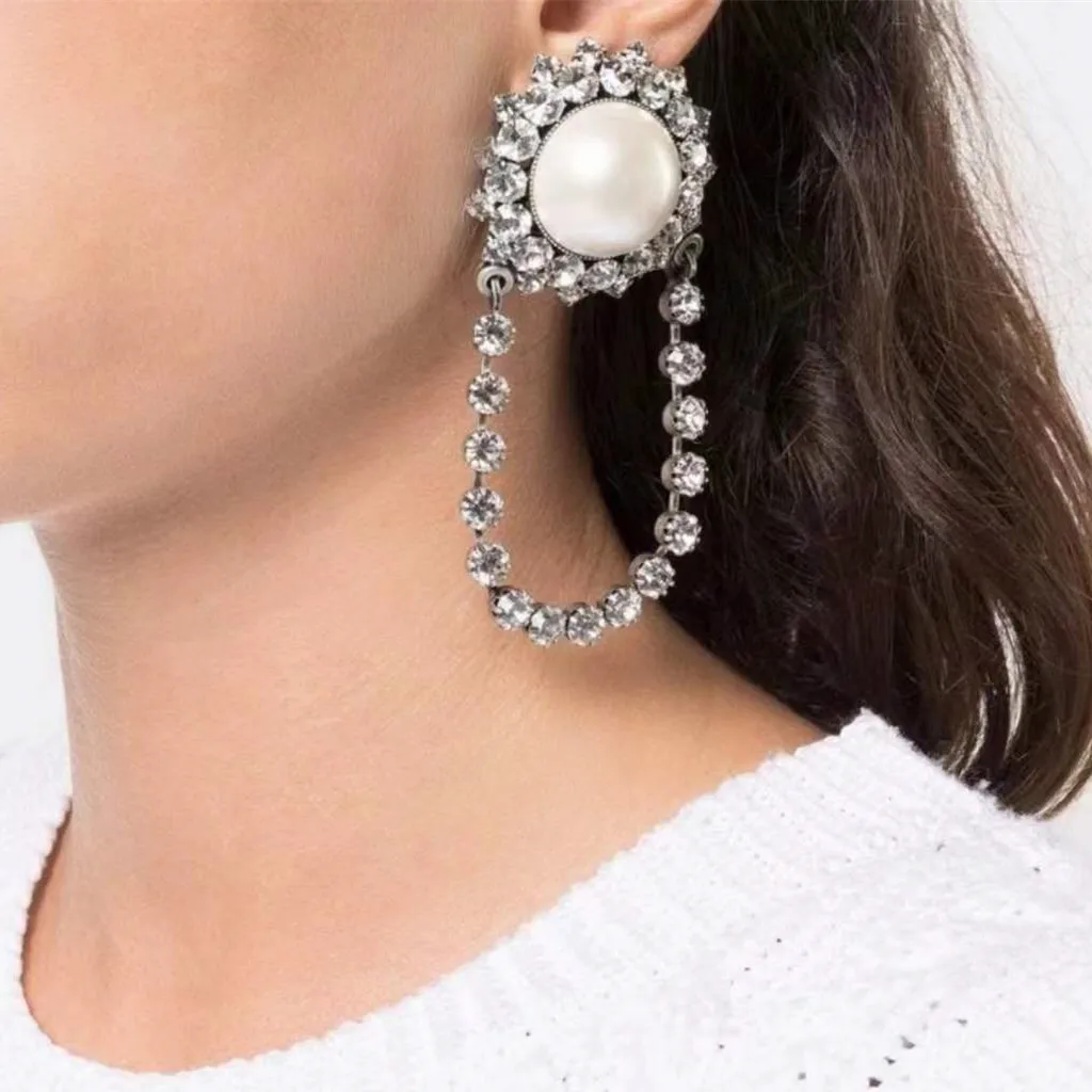 Fashionable Women Shiny Rhinestone With Pearls Dangle Earrings Jewelry Maxi Lady's Statement Accessories | Украшения и