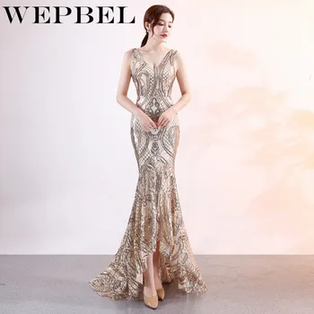 

WEPBEL Women Dress V-neck Sexy Night Show Mesh Maxi Dress New Party Golden Sequin Embroidered Long Dress Plus Size