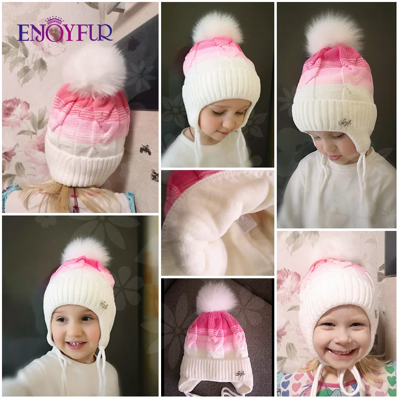 Kids winter knit hats real fur fox pompom wool bonnets children beanies