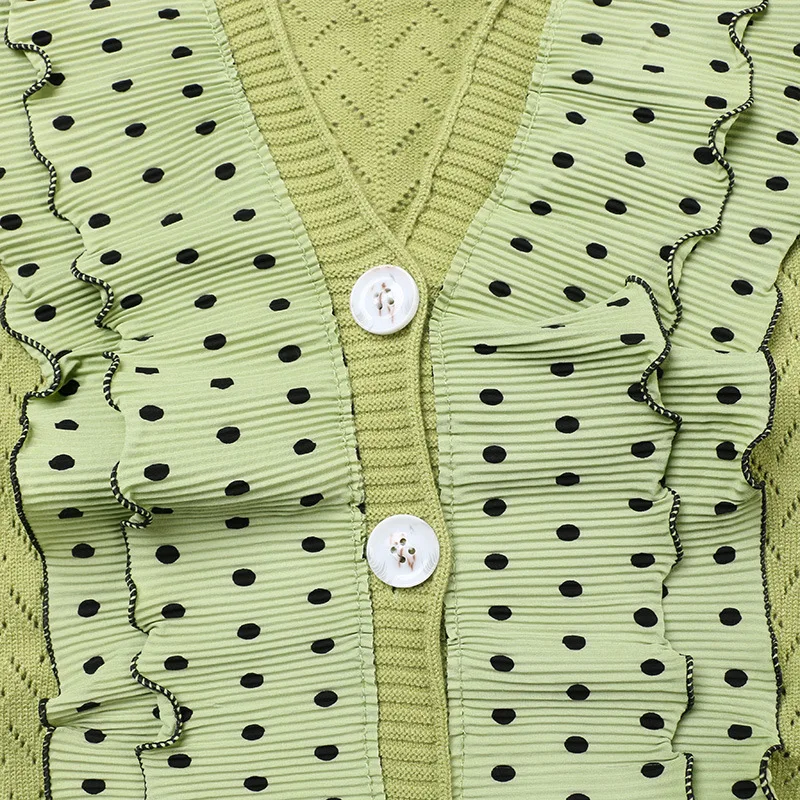 GRUIICEEN Winter Polka Dot Women Sweater V-neck Ruffles Cardigans Single Breasted Knitwear Sweaters