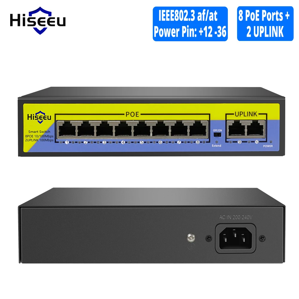 Hiseeu 48 в 8 портов POE коммутатор с Ethernet 10/100 Мбит/с IEEE 802 3 af/at для IP камеры/камера