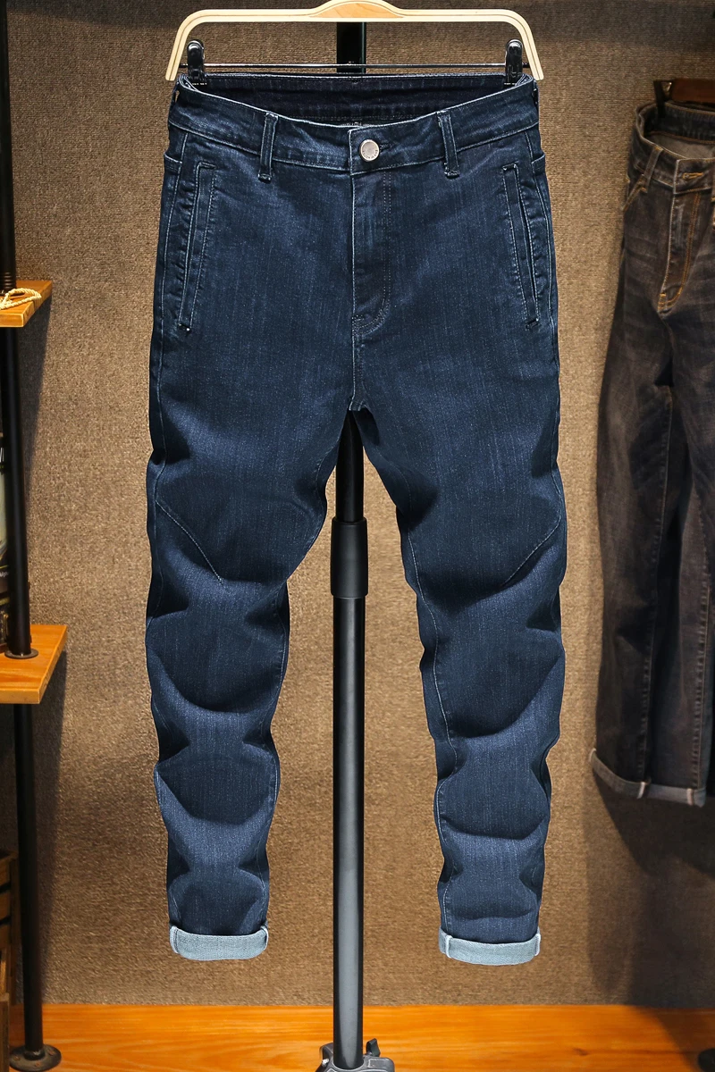 Осень и зима новые мужские джинсы Узкие повседневные джинсы стрейч свободные маленькие прямые джинсы мужские брюки - Цвет: Синий