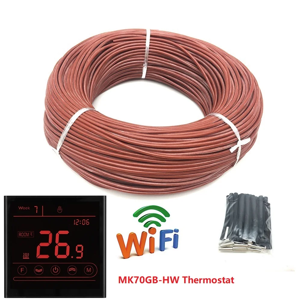 50m 12K 33ohm/m Infrared Carbon Fiber Heating Wire Silicone Rubber Warm Floor Heating Cable with Thermostat