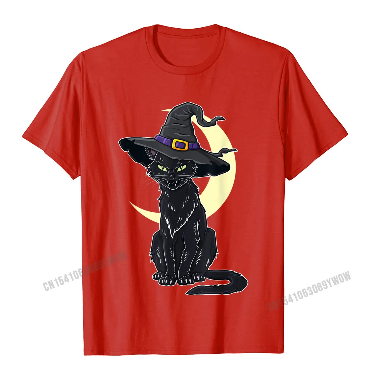 Camisa Short Sleeve Tops T Shirt NEW YEAR DAY Crew Neck Cotton Men T Shirt cosie Camisa Clothing Shirt Cute Drop Shipping Halloween Scary Black Cat With Witch Hat T-Shirt__669 red