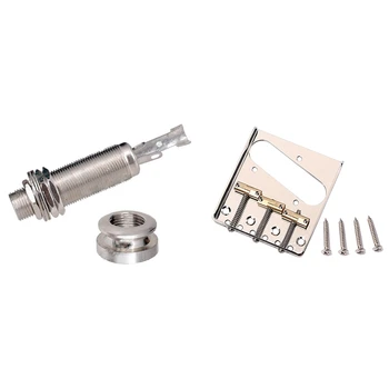 

A1347 1 Piece Guitar Bass End Pin Output Jack with Fixed Tele Electric Guitar Bridge with Saddles Bridge Silver Gold