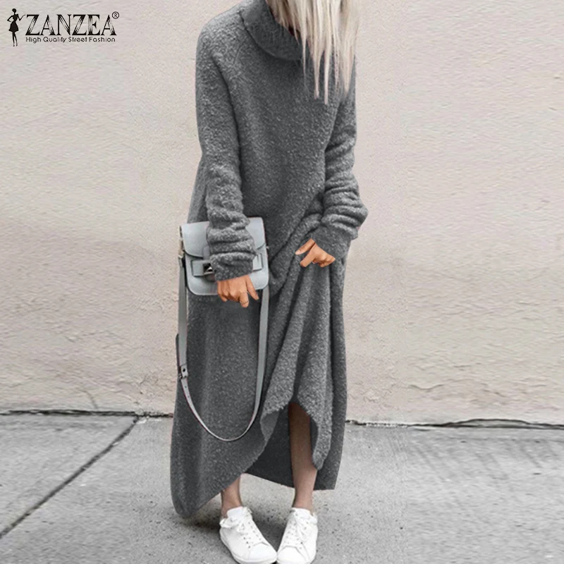 

ZANZEA Women Turtleneck Long Sleeve Sundress Autumn Plush Fluffy Long Sweatshirt Dress Fashion Solid Loose Vestidos Robe Femme