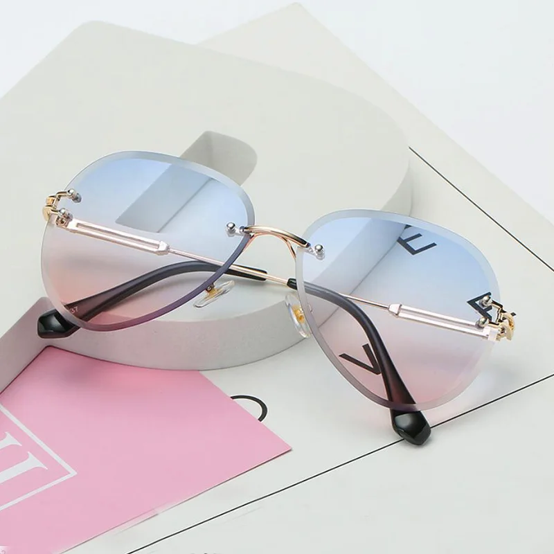RBENN новые брендовые дизайнерские солнцезащитные очки без оправы пилота для женщин и мужчин ретро Димонда режущего объектива градиентные солнцезащитные очки для женщин UV400 - Цвет линз: Gold Blue Pink