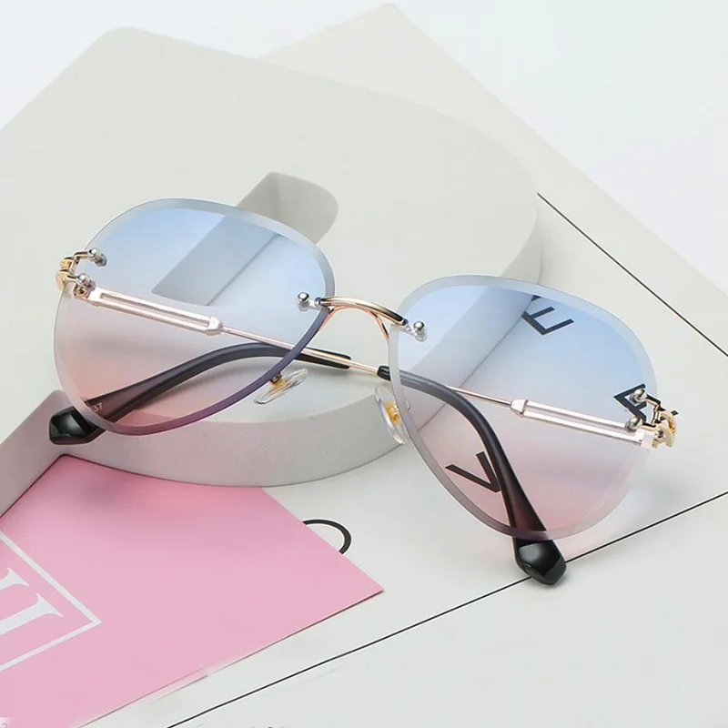 Gold Blue Pink RBENN новые брендовые дизайнерские солнцезащитные очки без оправы пилота для женщин и мужчин ретро Димонда режущего объектива градиентные солнцезащитные очки для женщин UV400 - Цвет линз: Gold Blue Pink