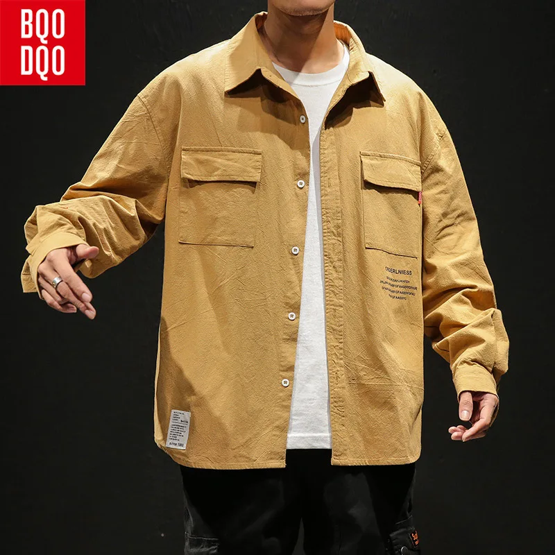 

Long Sleeve White Autumn Letter Print Casual Shirt Men Fashion Streetwear Social Loose Winter Cotton Cargo Military Shirts Male