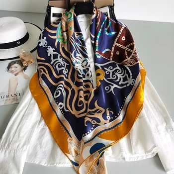 

Women's 100% Pure Silk 12mm Satin Printed Big Square Scarf Wrap Kerchief 108cm 42.5" WD004-2