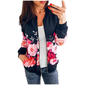 

Retro Floral Printing Bomber Jacket Women Zipper Up Coat Autumn 2019 Winter Long Sleeve Basic Plus Size Short Biker Jackets