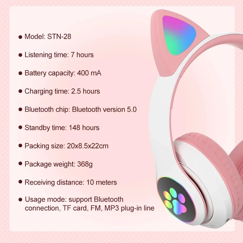 Bluetooth Headphone Pink Cat Ear Headset Wireless Headphones LED Light Stereo Music earpphones Girl Headset for PC