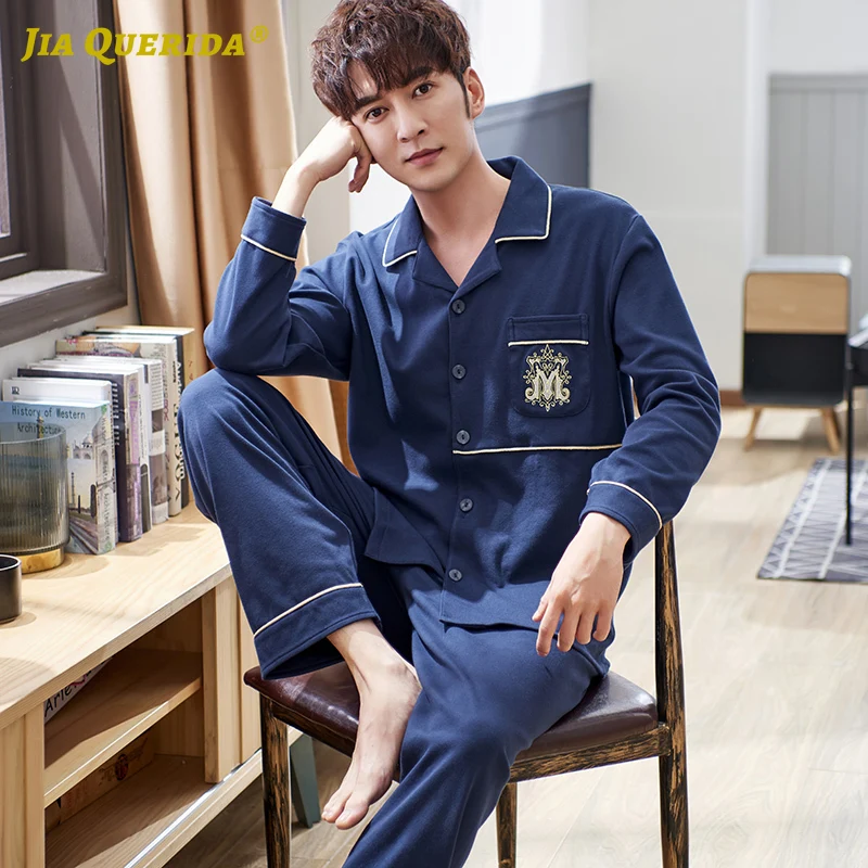 Mens Pajama Set 100% Pure Cotton High Quality Sleepwear for Men Royal Blue Cardigan Badge Embroidery Pocket Cotton Man Big Set