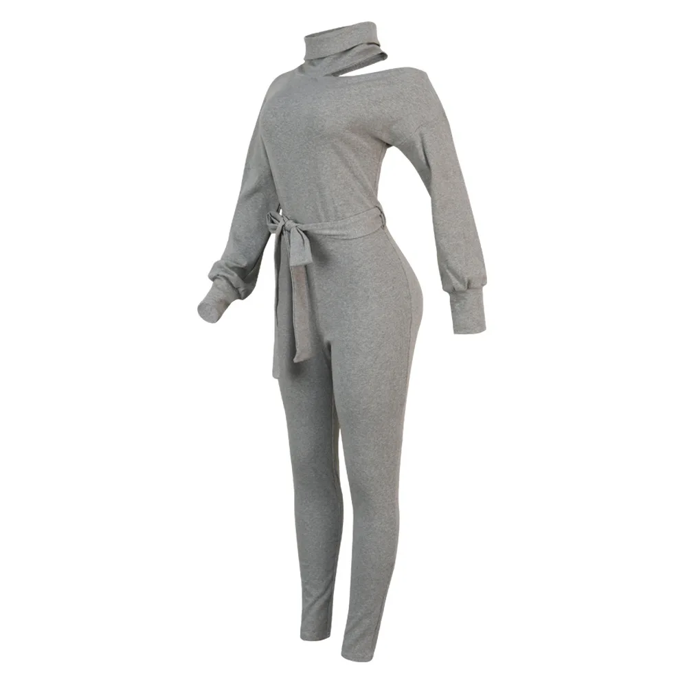 New Winter Women Skinny Jumpsuits High Collar Full Sleeve Solid Sashes sexy Night Club Rompers One Piece Outfits