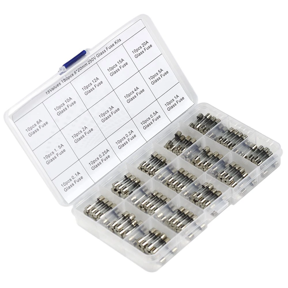 Fast Blown Glass Fuse Combination Kit 150 pieces 5x20mm 250V 0.1 0.25 0.5 1 1.5 2 3 4 5 8 10 12 15 20A Tube fuse plastic glass fuse kit