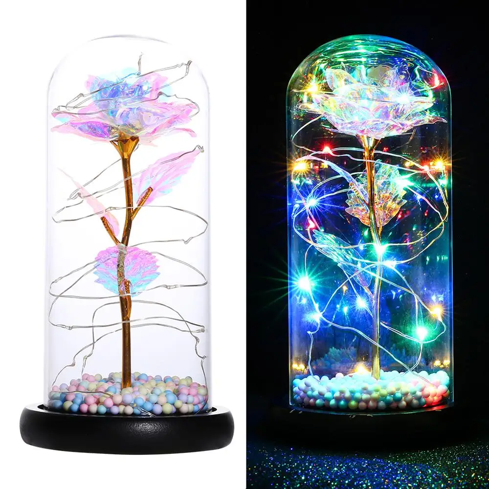 

Artificial Gold Foil Rose Flower And LED Light String In Glass Dome On Wooden Base The Best Gift For Women(Battery Not Included)