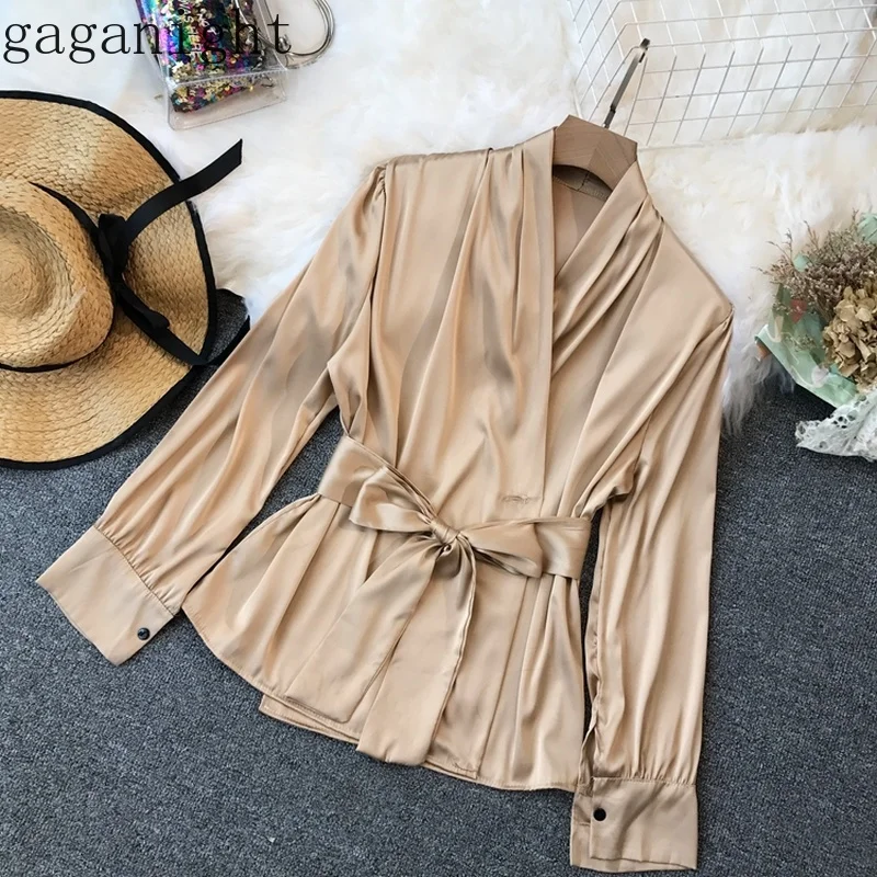 

Gaganight Women Solid Long Sleeves Elegant Blouse Office Ladies V Neck Sash Spring Autumn Korea Tops Chic Shirt Vintage Slim