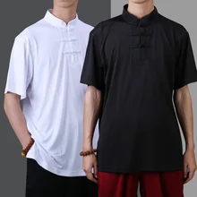 Летняя Китайская одежда для мужчин, топы с коротким рукавом, рубашка, шаолиньские боевые искусства, рубашка, гладкий молочный шелк, тонкая утренняя одежда для упражнений