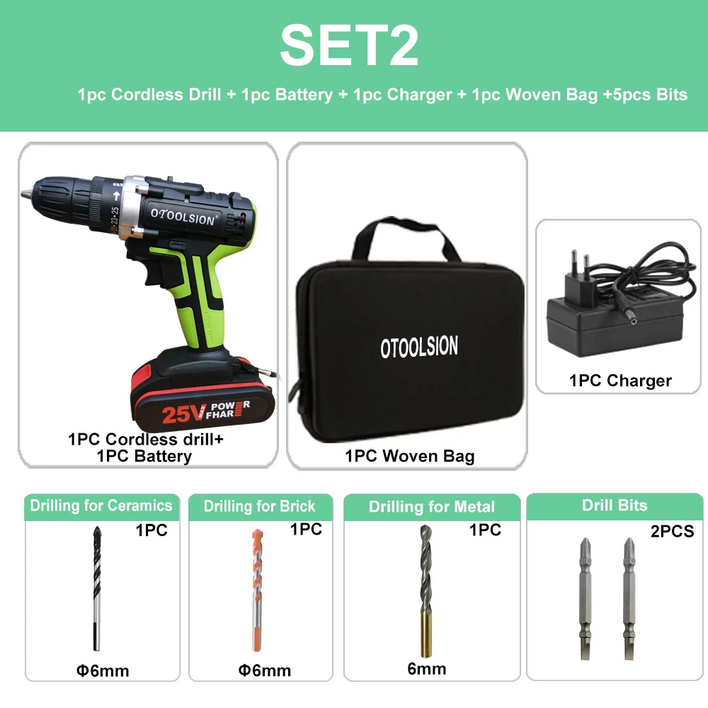 SET2 (1 pc battery) 25+ 1 Toque 1.5Ah 25V Электрическая Дрель аккумуляторная дрель электрические инструменты Электронная отвертка дрель шуруповерт с литиевой батареей - Цвет: SET2 (1 pc battery)